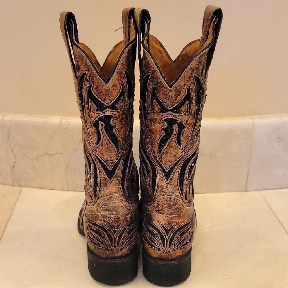 Corral Women's Western Cowboy Boots Black and Tan Leather, 7.5 - Picture 12 of 16
